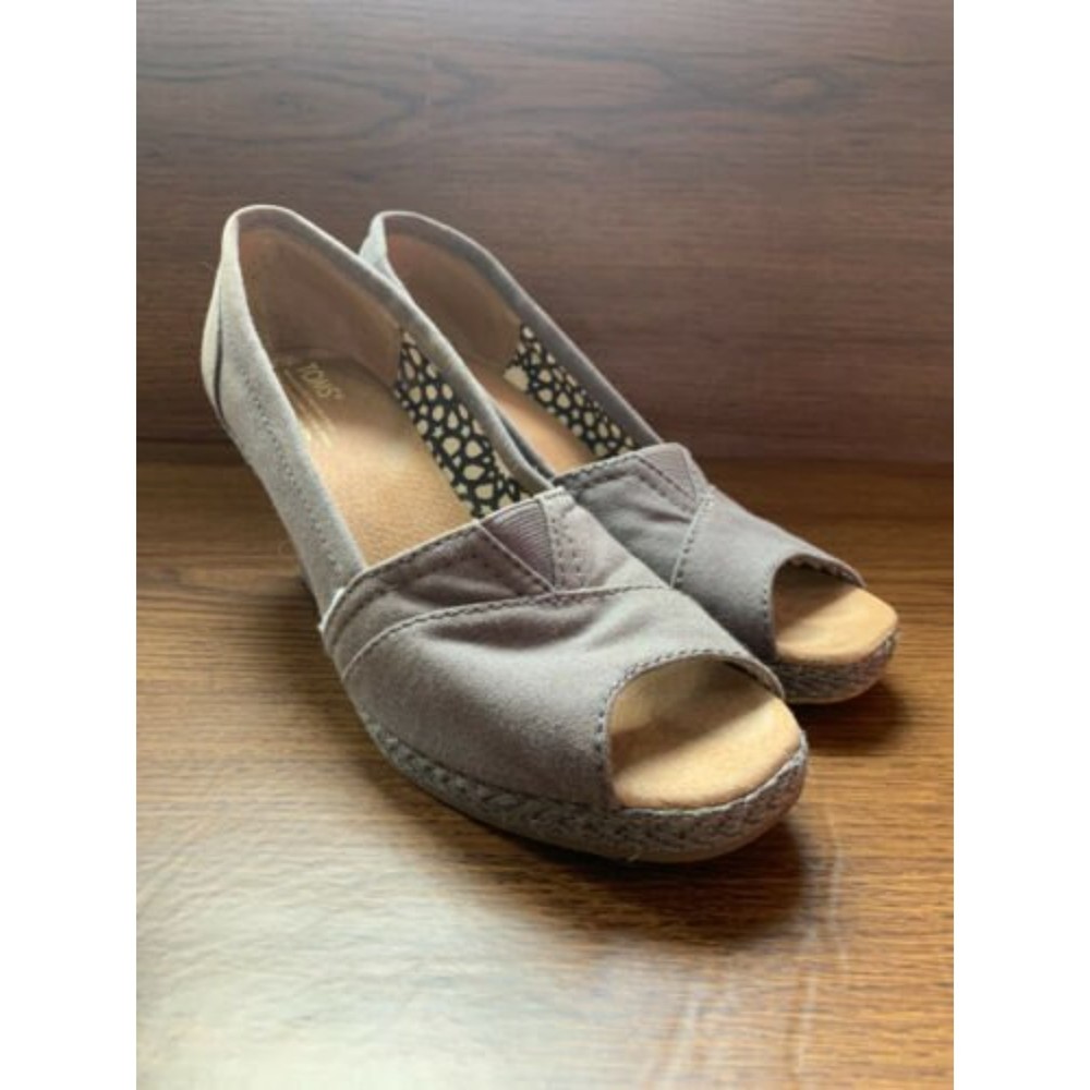 TOMS CORBEL Canvas Peep Toe Wedge TAUPE Women 8